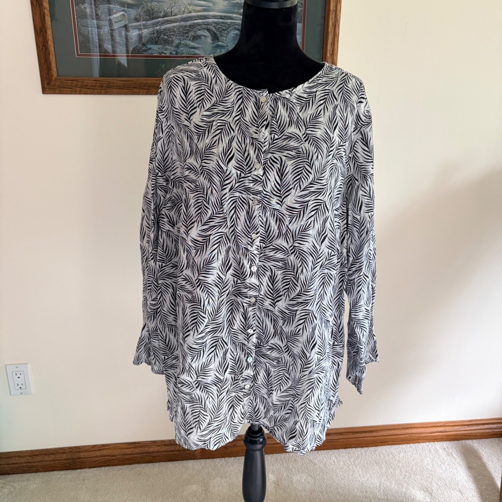 Tahari Linen Button Down Shirt Womens 2X Black White Palm Print Tunic Blouse